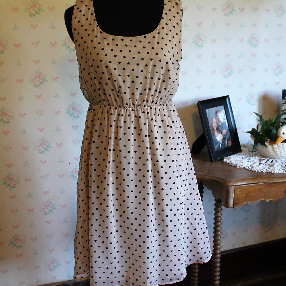 2/$10 Love Notes Blush Beige Sheer Dress with Tiny Hearts, Small
